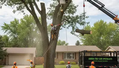 Professional arborists performing safe tree removal with cranes at a residential property in Aurora, CO
