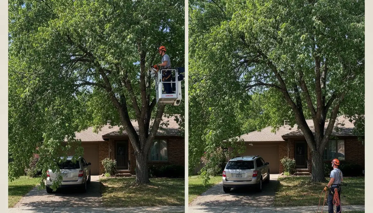 Arborist lifting tree canopy for driveway clearance during professional tree trimming in Aurora, CO