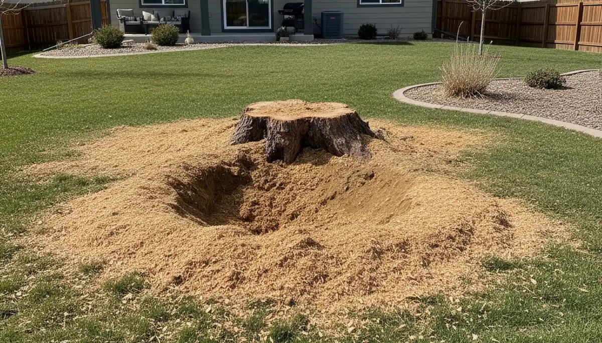 Finished stump grinding with wood chips in Aurora, CO by Chop Chop Tree removal service