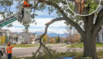 Arborist removing dead branches from mature tree with safety gear in Aurora, CO
