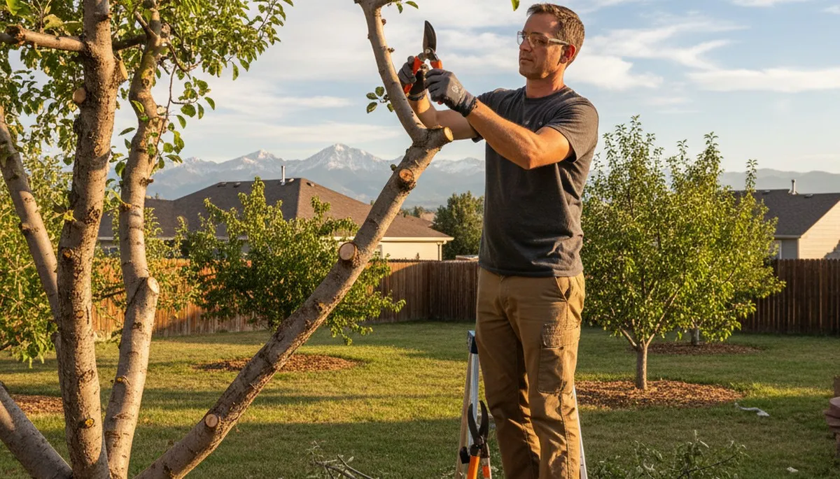 Arborist pruning fruit tree in Aurora CO backyard orchard for healthy growth and improved harvest