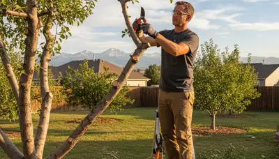 Arborist pruning fruit tree in Aurora CO backyard orchard for healthy growth and improved harvest