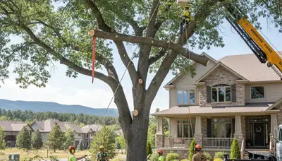 Arborists using bucket truck for large tree removal near home in Aurora, CO