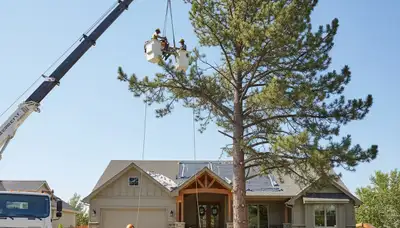 Arborists using bucket truck for large tree removal at residential property in Aurora, CO