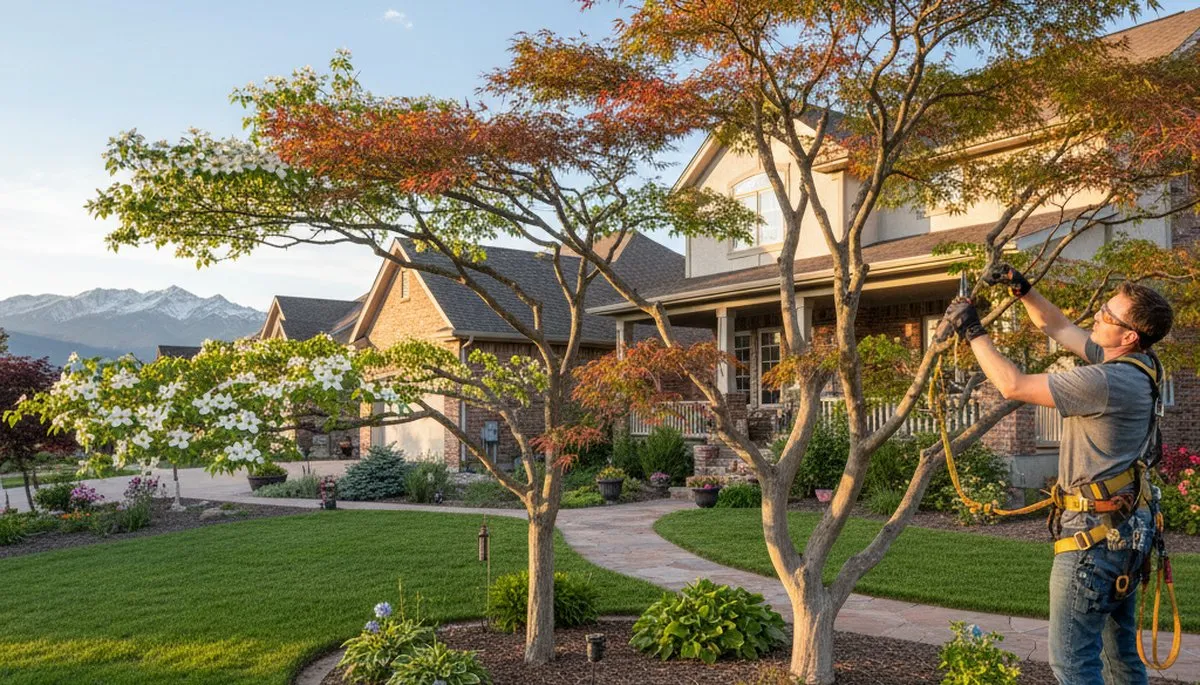 Arborist hand pruning ornamental Japanese maple for Aurora CO residential landscape enhancement