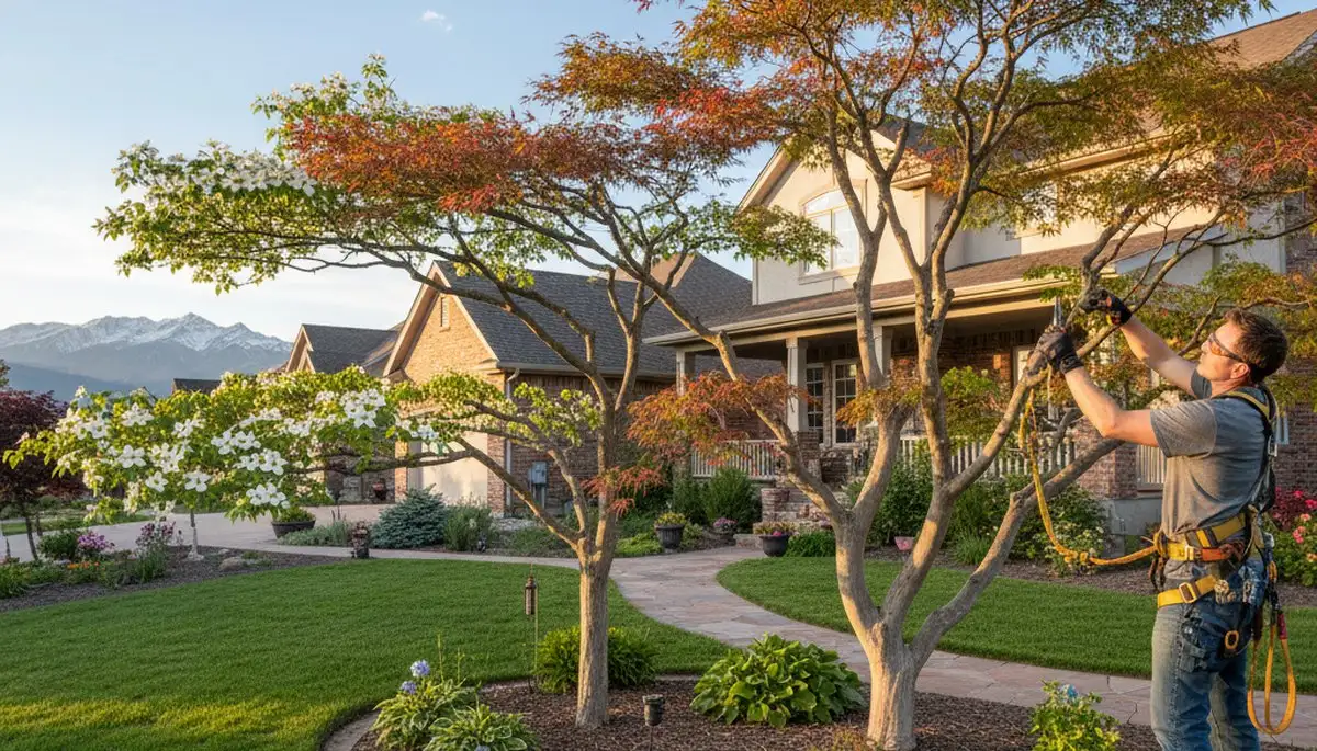Arborist hand pruning ornamental Japanese maple for Aurora CO residential landscape enhancement