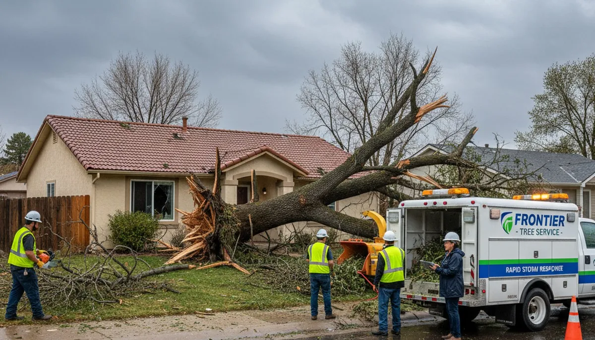 Emergency tree removal crew clearing storm-damaged trees in Commerce City, CO after severe storm