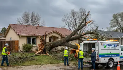 Emergency tree removal crew clearing storm-damaged trees in Commerce City, CO after severe storm