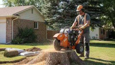 Professional stump grinding service removing tree stumps in Aurora, CO for lawn restoration