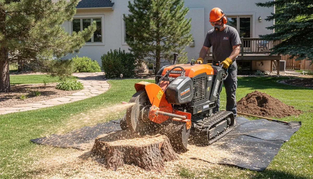 Professional stump grinding service removing tree stumps in Lone Tree, CO by Aurora tree experts