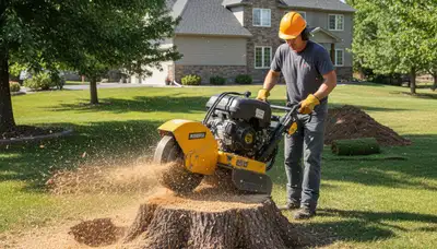 Professional stump grinding service removing tree stumps in Aurora, CO for lawn restoration