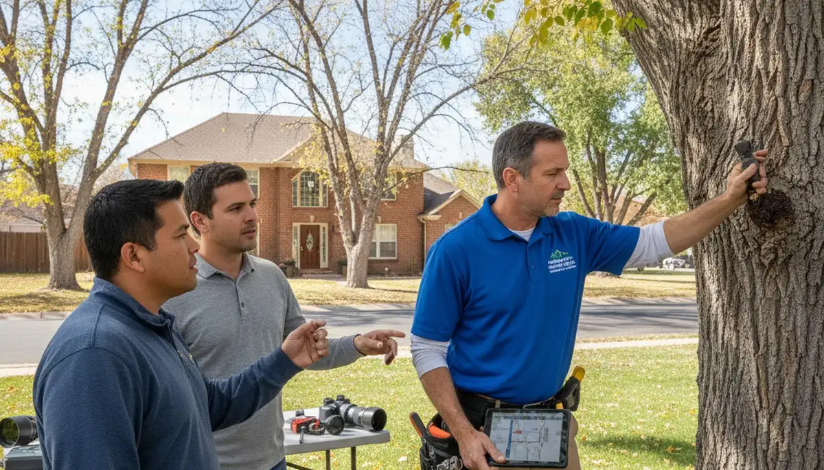Certified arborist performing tree health assessment for homeowners in Commerce City, CO