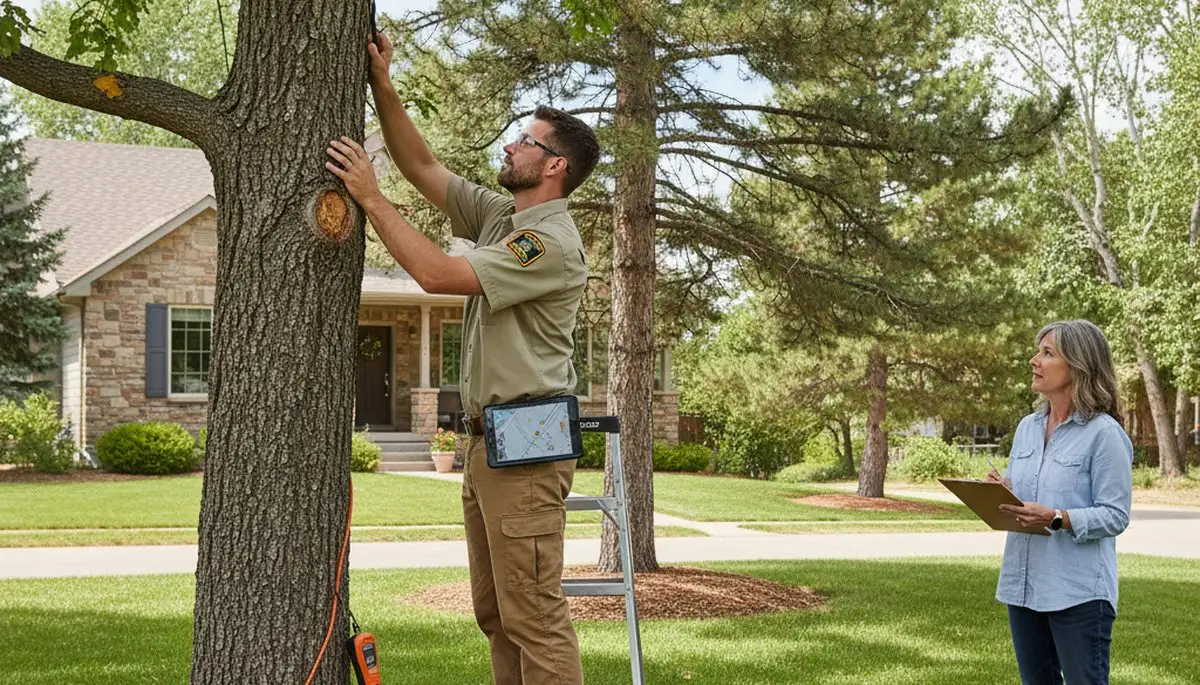 Certified arborist performing tree health assessment for homeowners in Aurora, CO