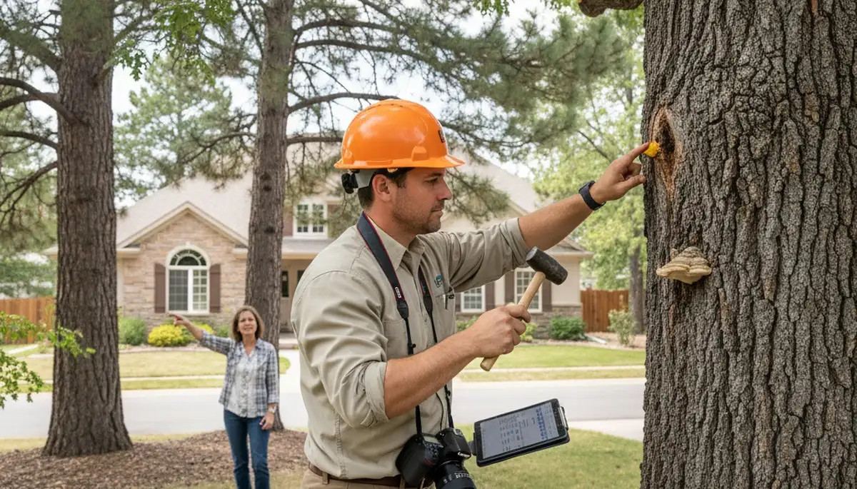 Certified arborist performing tree health assessment for homeowners in Aurora, CO