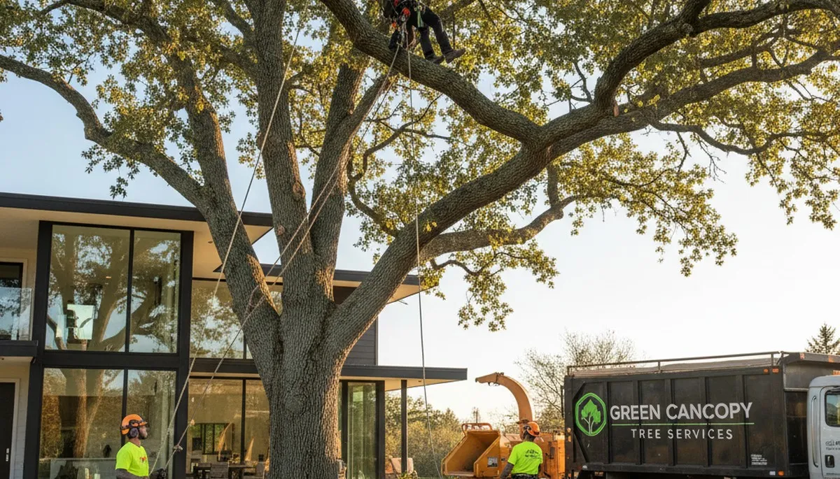 Professional tree removal crew clearing a hazardous oak in Aurora, CO for safe property maintenance