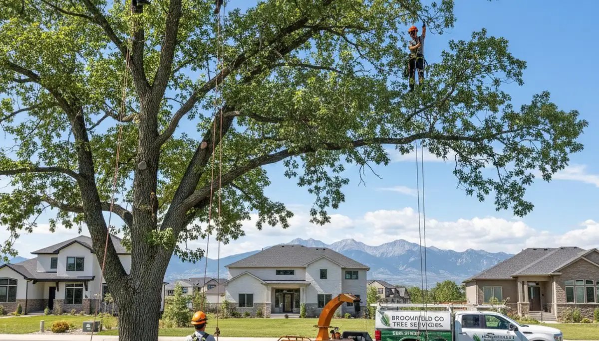 Professional tree removal service team cutting large oak in Aurora, CO backyard