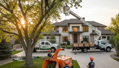 Professional tree removal service in Aurora CO safely cutting down damaged pine tree