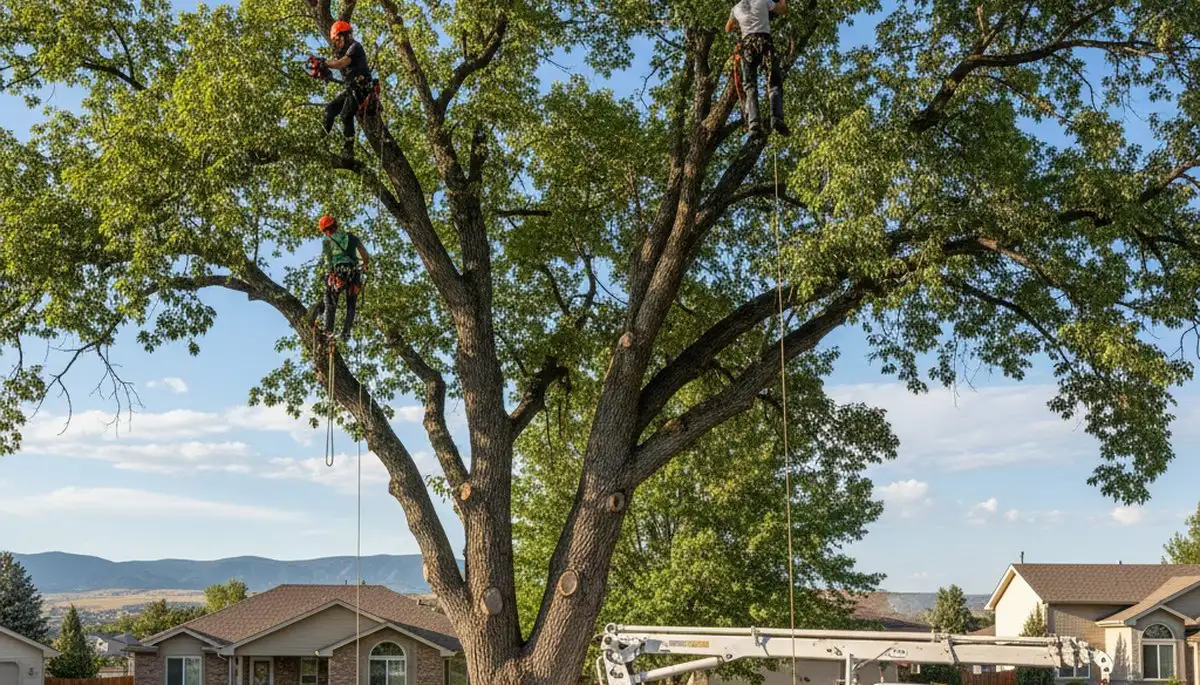 Professional tree removal service in Aurora, CO safely cutting and clearing large backyard tree