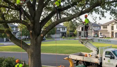 Arborist trimming overgrown backyard tree in Aurora, CO for Chop Chop Tree’s professional tree service