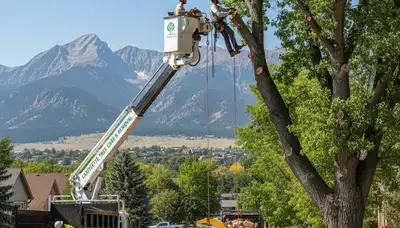Professional tree removal experts safely cutting down large oak tree in Aurora, CO yard
