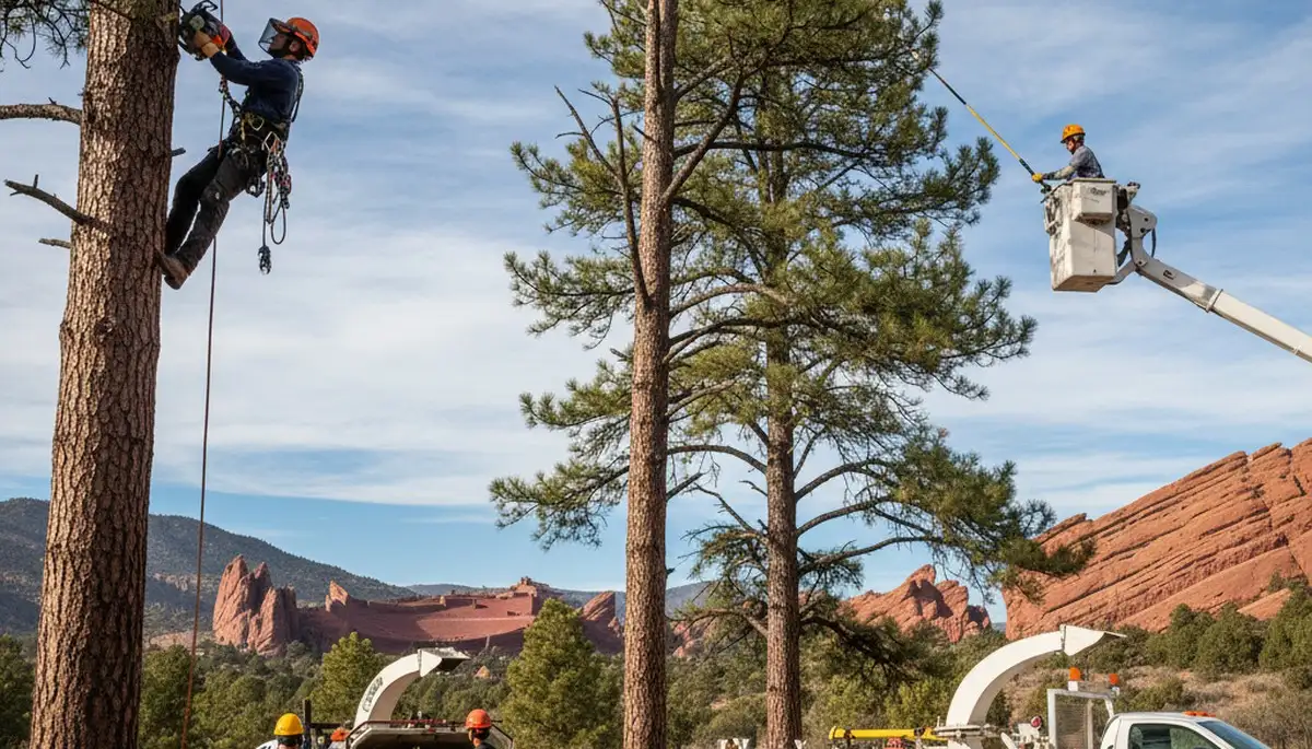 Professional tree removal service crew working safely in Aurora, CO yard