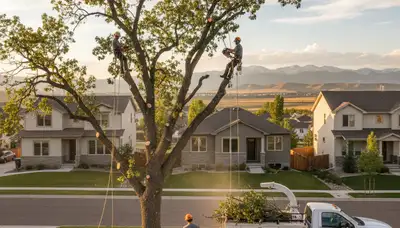 Professional tree removal service in Aurora, CO safely cutting and clearing large oak tree