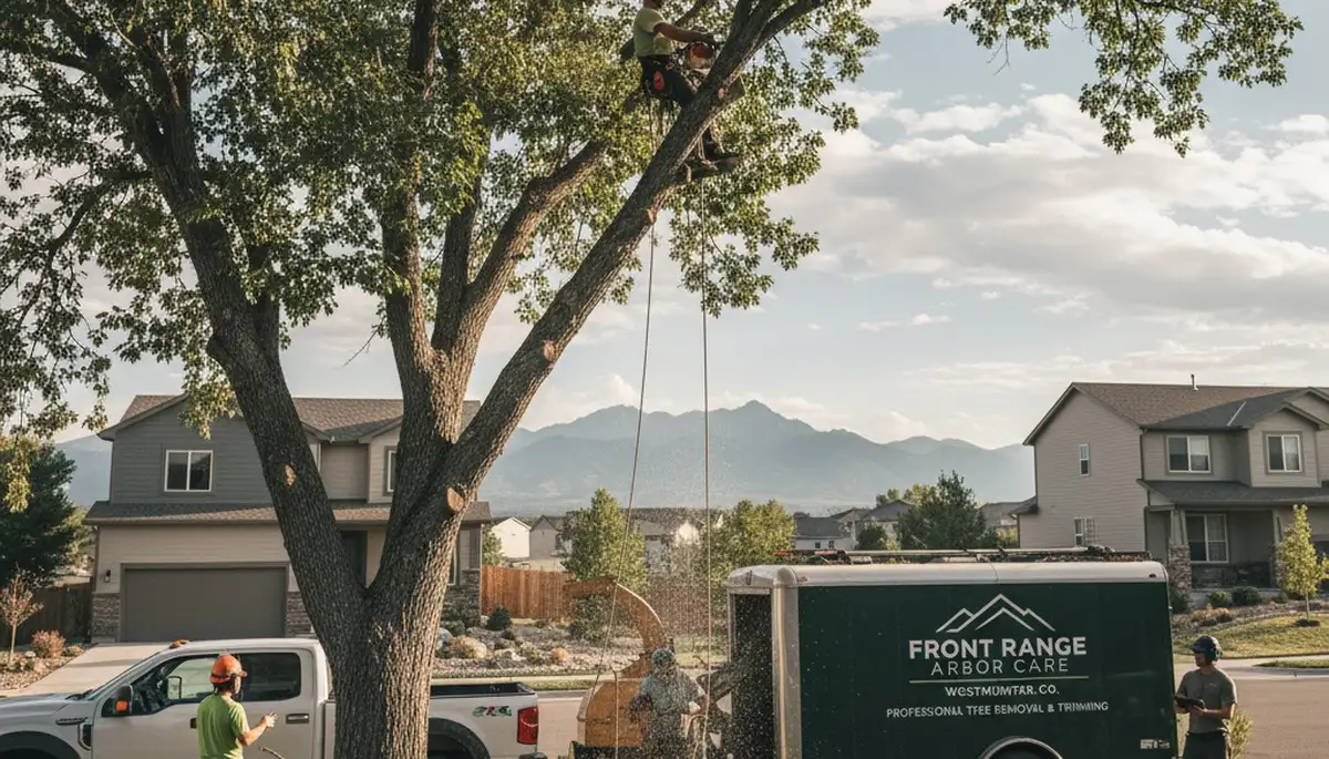 Professional tree removal service team working safely in Aurora, CO yard