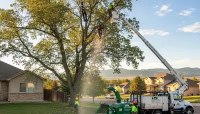 Professional tree removal service in Aurora, CO safely cutting and hauling large pine tree